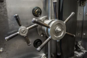 Close-up of a large, steel vault door with two round combination locks and six black spokes. It conveys security, strength, and industrial design.