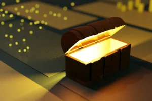 A wooden treasure chest glows brightly as it opens, casting warm light on a dark tiled floor. Yellow particles float around, adding a magical feel.